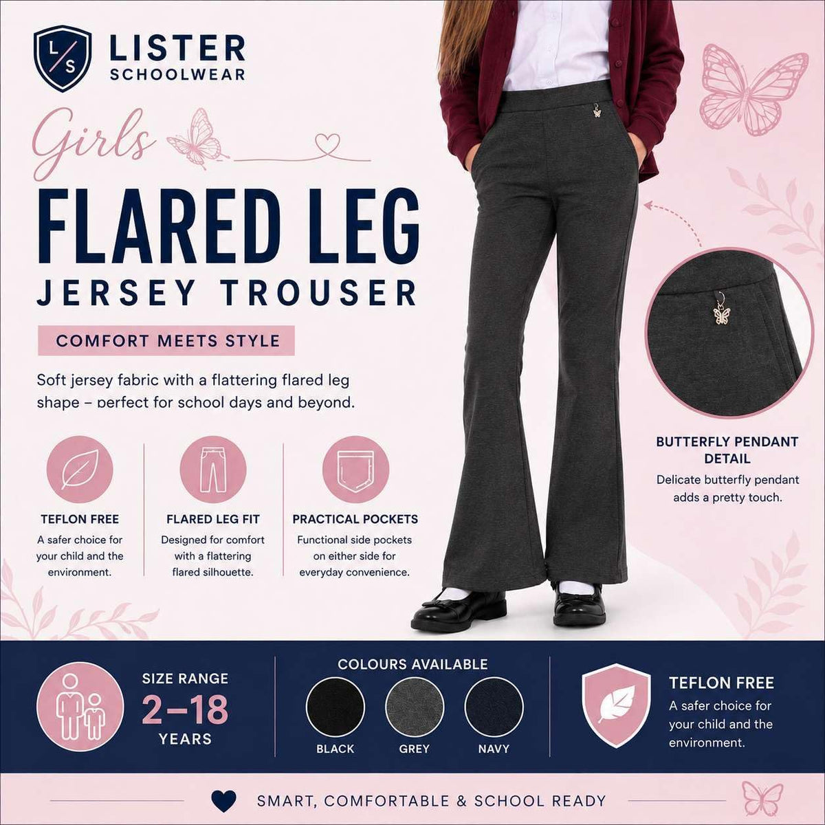 Pack of 2 girls' flared jersey school trousers with butterfly pendant