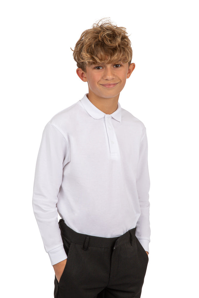 White long-sleeve school polo shirt in cotton