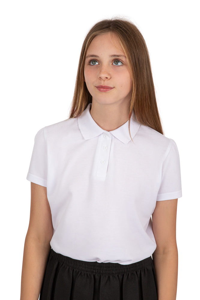 Girls' white short-sleeve school polo shirt