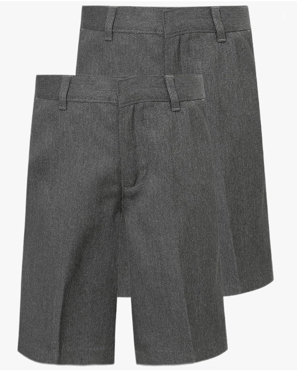 Two-pack of boys' adjustable-waist school shorts in grey