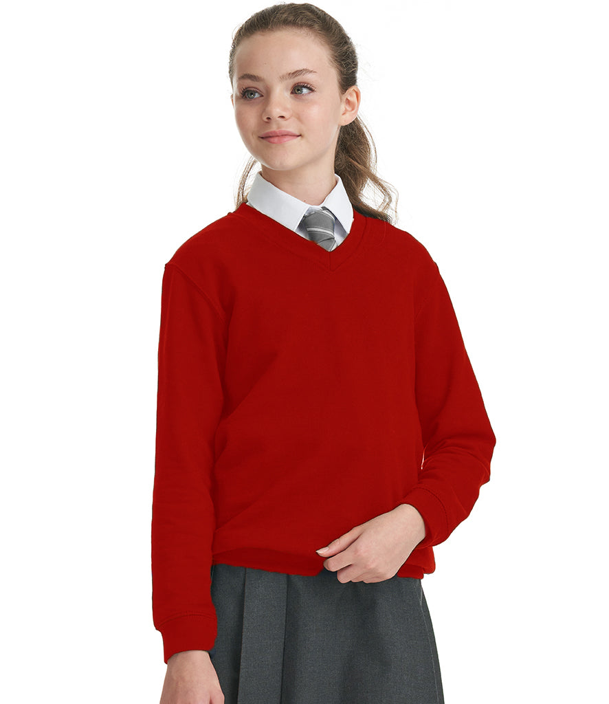 Red V-neck school sweatshirt in fleece