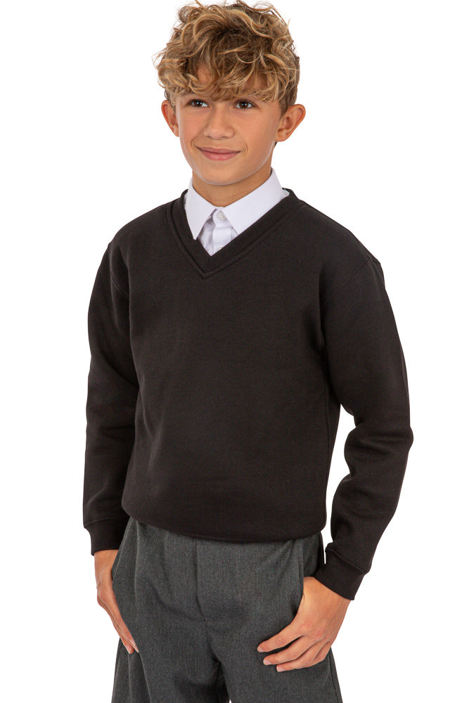 Ages 3-16 Boys Girls Unisex School Sweater V Neck Fleece Sweatshirt Uniform Black Navy