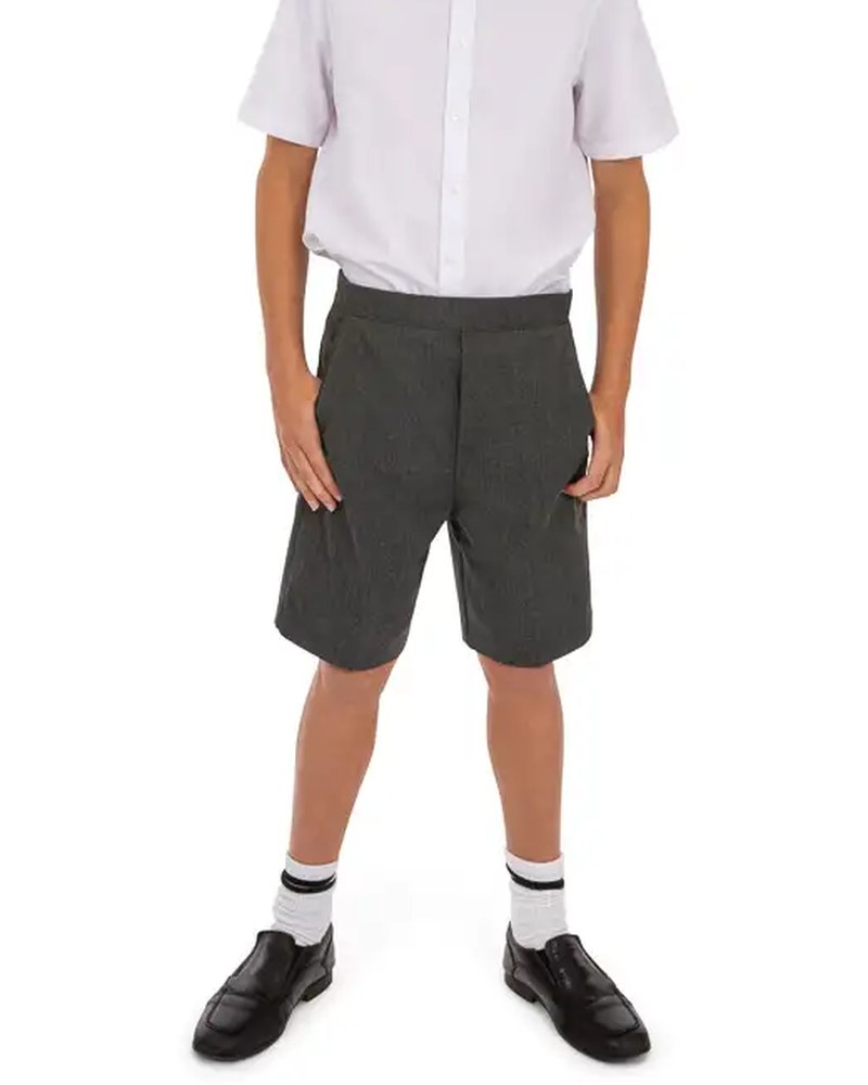 Boy wearing grey pull-on school shorts, front view