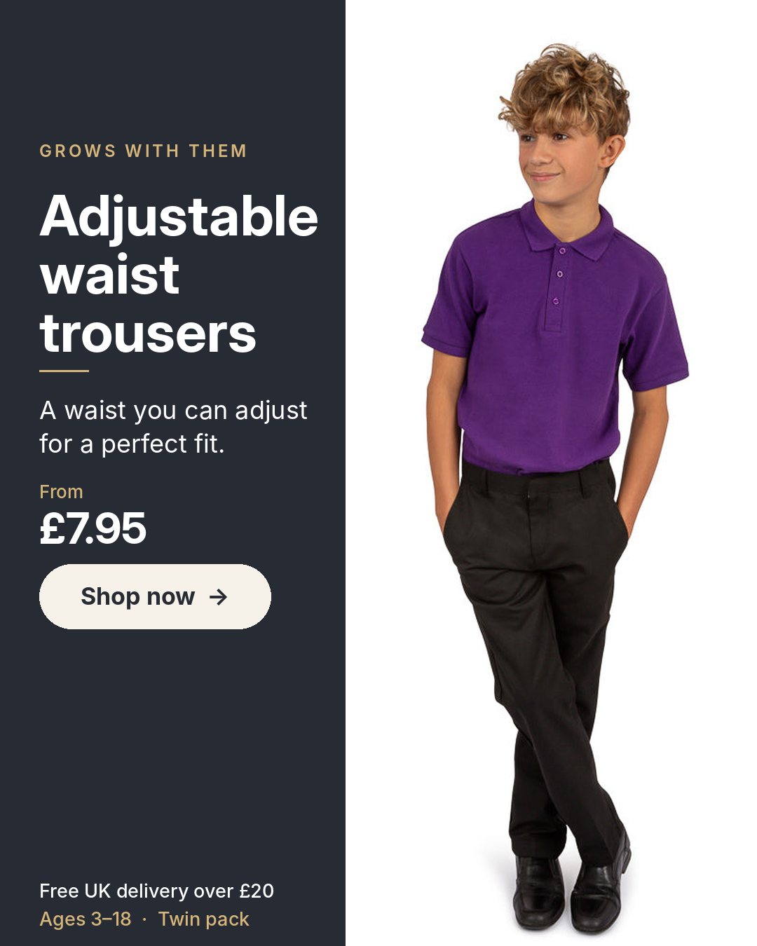Adjustable waist school trousers from £7.95 – shop now