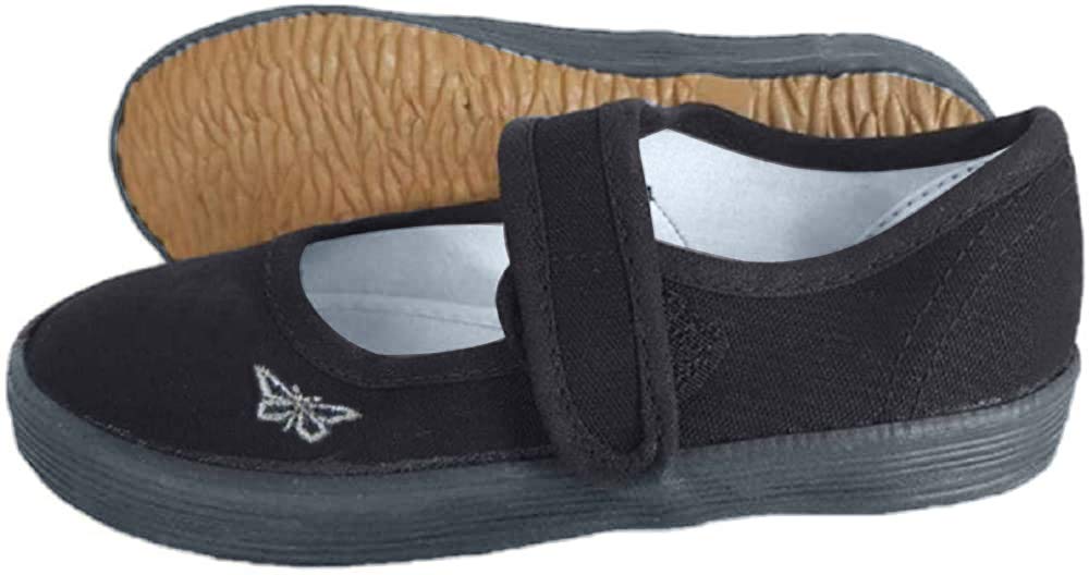 Girls School Pumps Butterfly Heart Touch Fastening Ballet Flats Dance Plimsolls Black PE Trainers