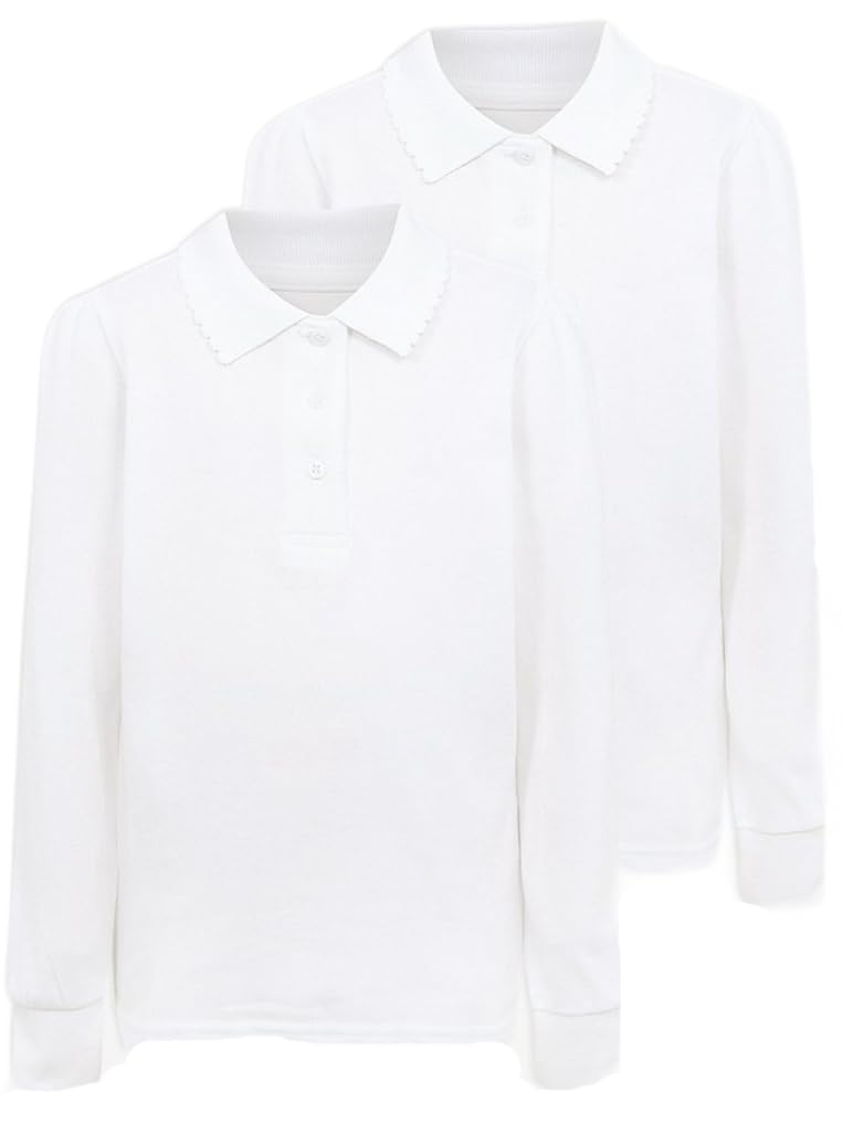 Pack of 2- Girls Long Sleeve School Uniform Polo White 100% Cotton 3-16 Years