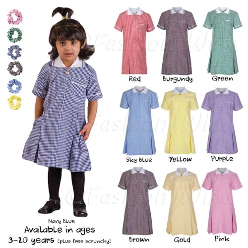 Girl's School Uniform Pleated Gingham Summer Dress + Hair Bobble Age 3 4 5 6 7 8 9 10 11 12 13 14 15 16 17 18 Years