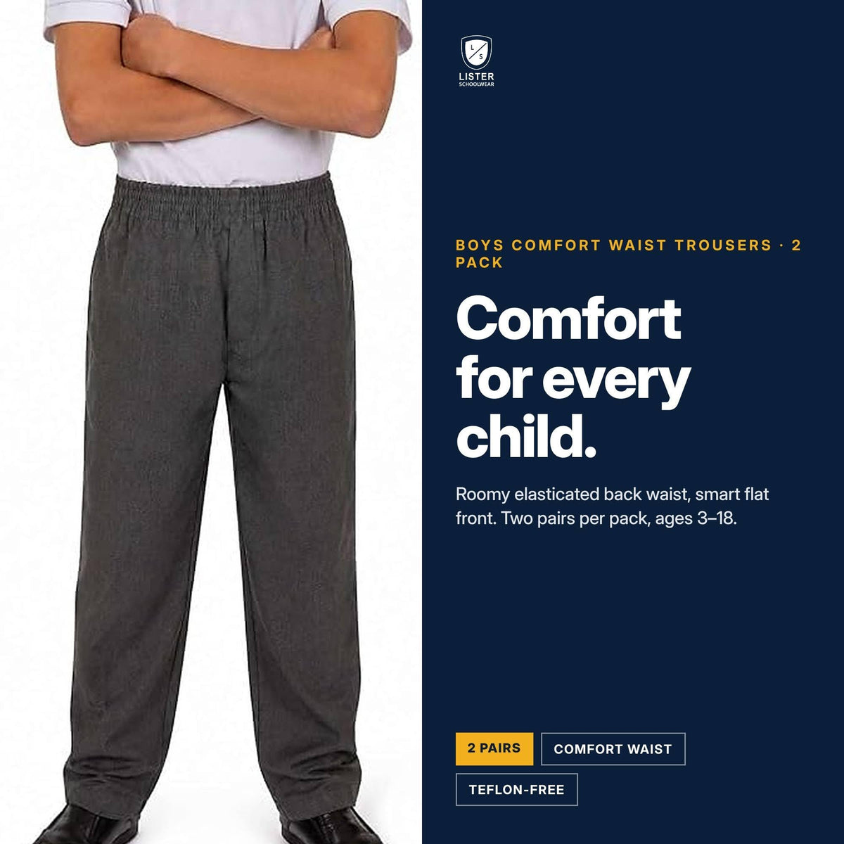 Boys elastic waist school trousers twin pack