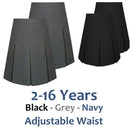 Pack of 2 - Girls Pleated School Skirt Adjustable Waist Regular Fit Black Grey 3-16 Years