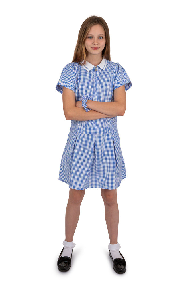 Girls' pleated gingham school summer dress with hair bobble