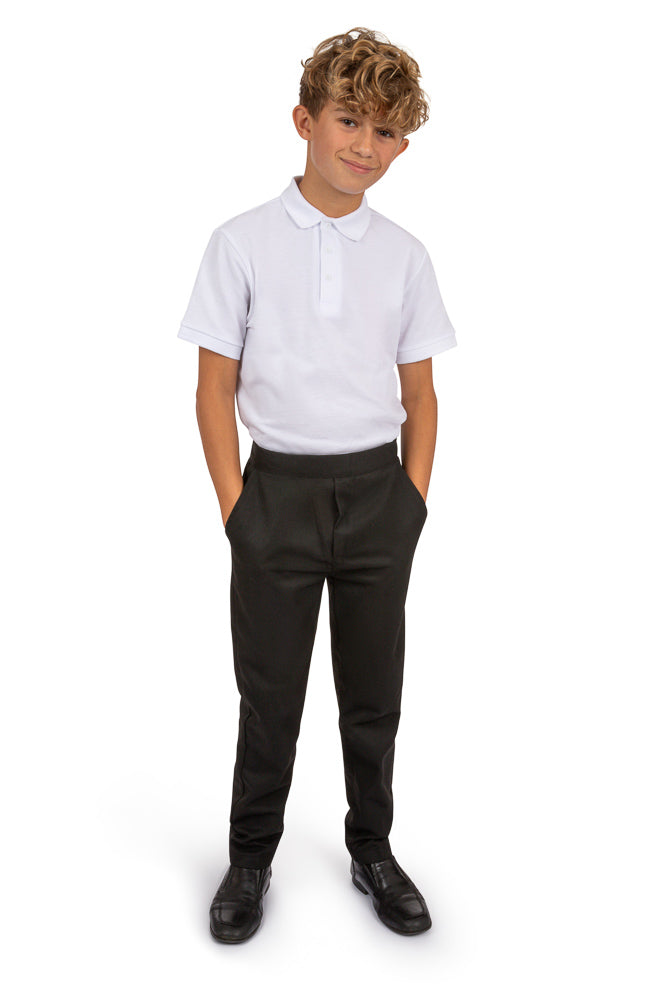 Boys Elasticated Pull Up School Trousers – Black, Grey, Navy – Ages 2-18