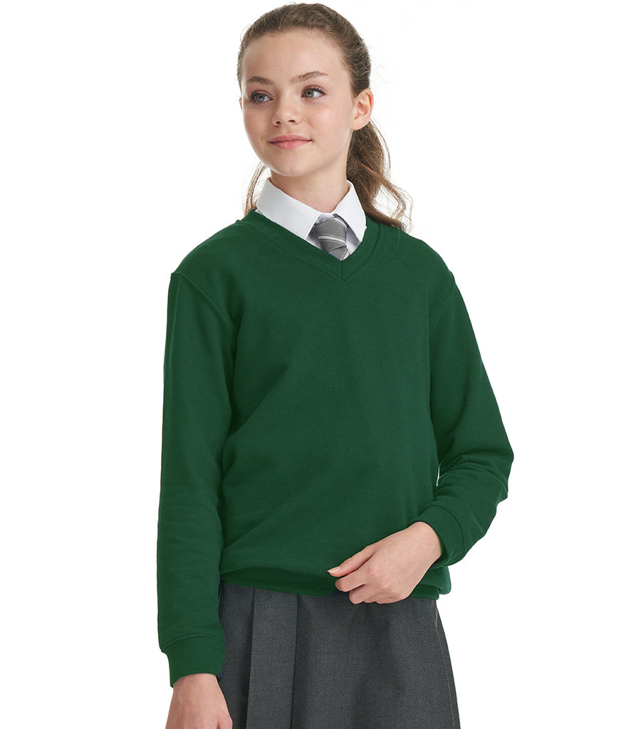 Bottle green V-neck school sweatshirt in fleece