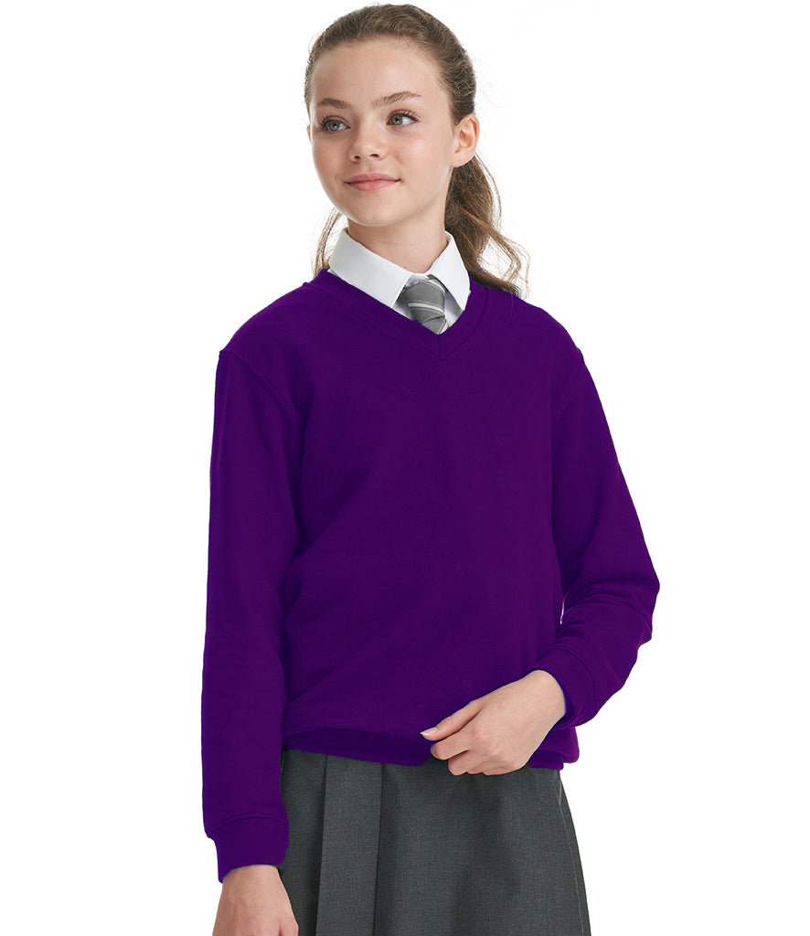 Purple V-neck school sweatshirt in fleece