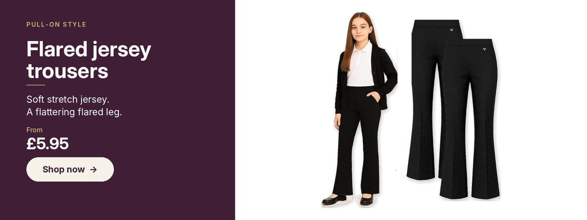 Girls flared jersey school trousers, pull-on, from £5.95