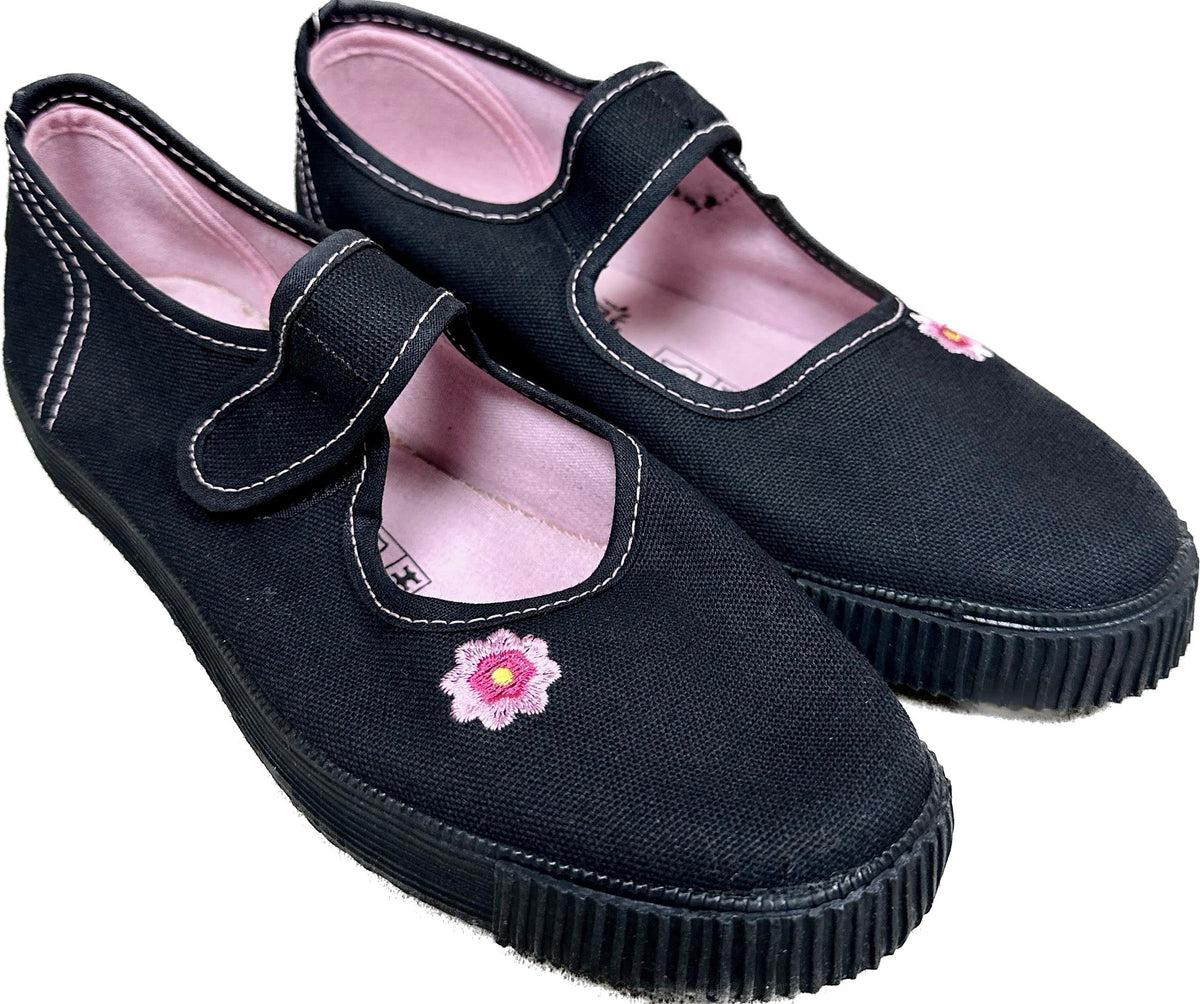 Girls' black school ballet pumps with touch-fastening strap