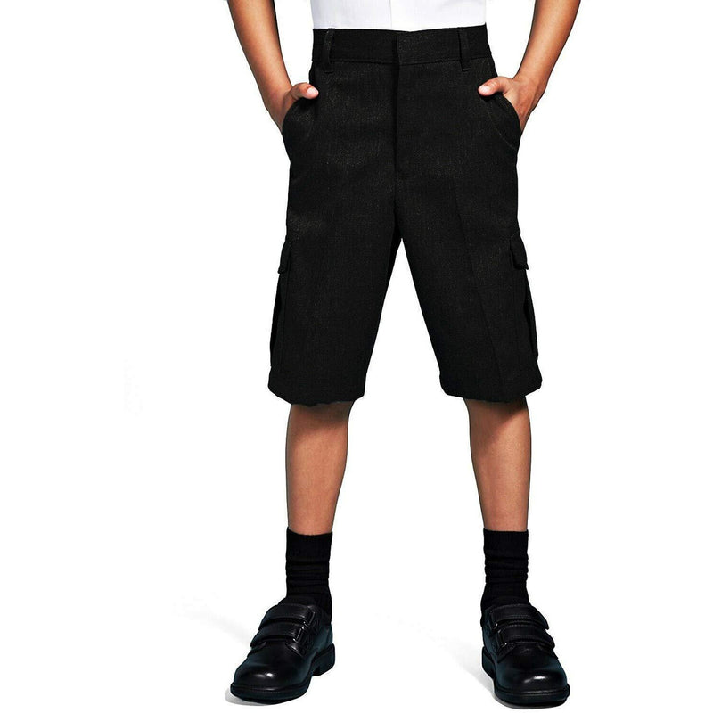 Boys Smart School Uniform Cargo Shorts Age 2-16 Years Black Grey - Adjustable Waist